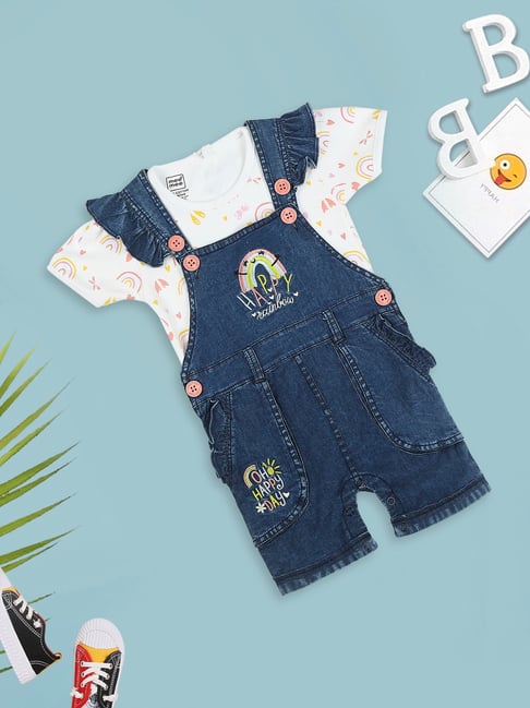 Mee Mee Kids White Indigo Embroidered Top with Romper