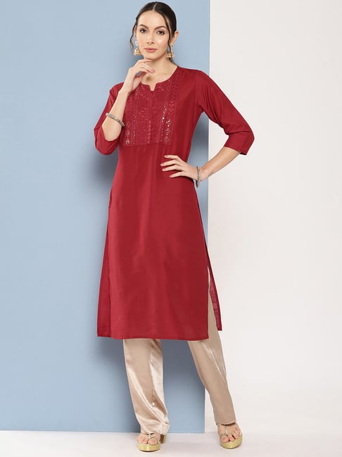 Buy Beauteous Maroon Rayon Dobby Dyed Long Kurti Design | Fashion Clothing