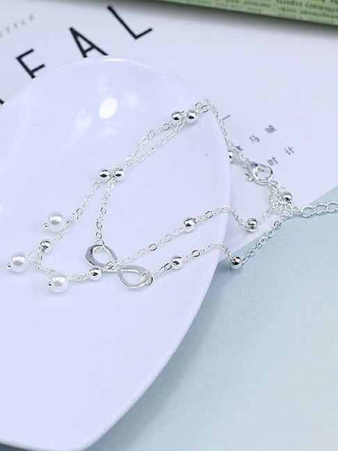 OOMPH Silver-Tone Multi Layer Pearl & Charm Bohemian Fashion Anklet for Women-picture-23