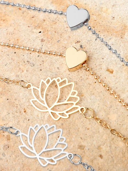 OOMPH Gold & Silver-Tone Lotus & Heart Stylish Latest Anklet for Women - Set of 4-picture-13
