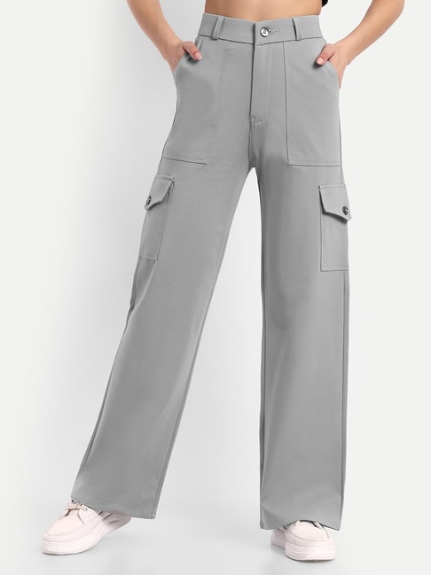 Broadstar Grey Straight Fit High Rise Cargo Pants