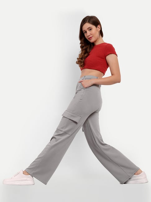 Broadstar Grey Straight Fit High Rise Cargo Pants