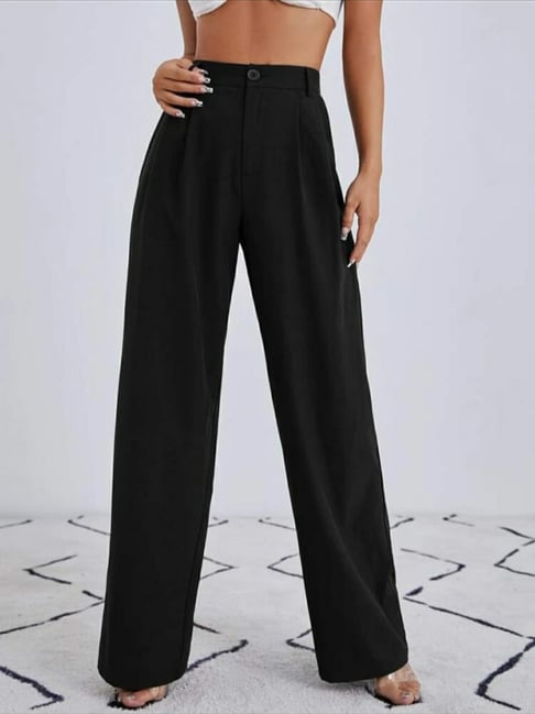 Women Black Relaxed Straight Fit High-Rise Trousers