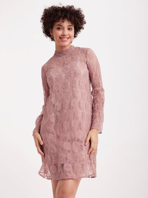 W Pink Cotton Self Pattern A-Line Dress