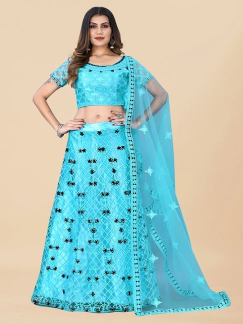 Sky blue colored Embroidered Lehenga Set with jacket - Rent