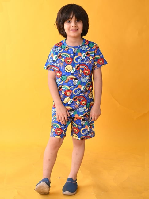 Anthrilo Kids Blue & Yellow Cotton Printed T-Shirt Set