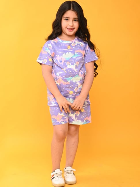 Anthrilo Kids Purple Cotton Printed T-Shirt Set