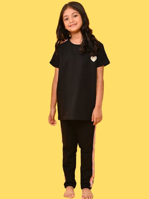 Anthrilo Girls Black Cotton Printed T-Shirt Set
