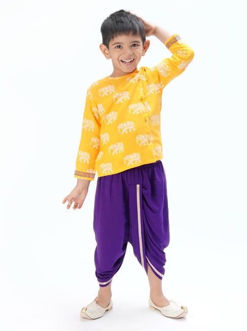 Lil Drama Kids Yellow & Purple Printed Full Sleeves Kurta with Dhoti-picture-23