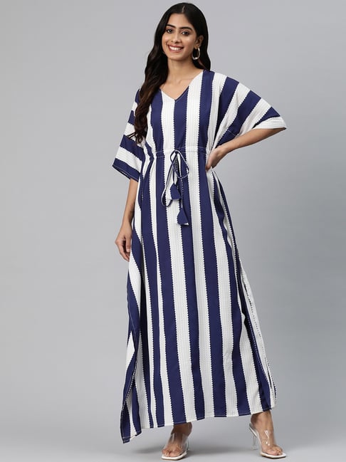 Cottinfab White Blue Striped Maxi Crepe Dress