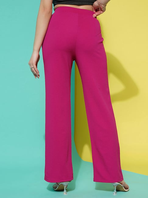Hot Pink Plisse High Waisted Wide Leg Trousers | PrettyLittleThing