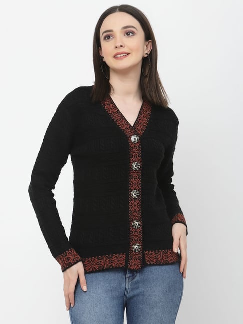 Kalt Black Self Design Cardigan - Sweaters