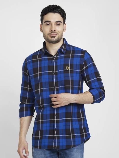 Buy Spykar Nautical Blue Cotton Regular Slim Fit Checks Shirt for