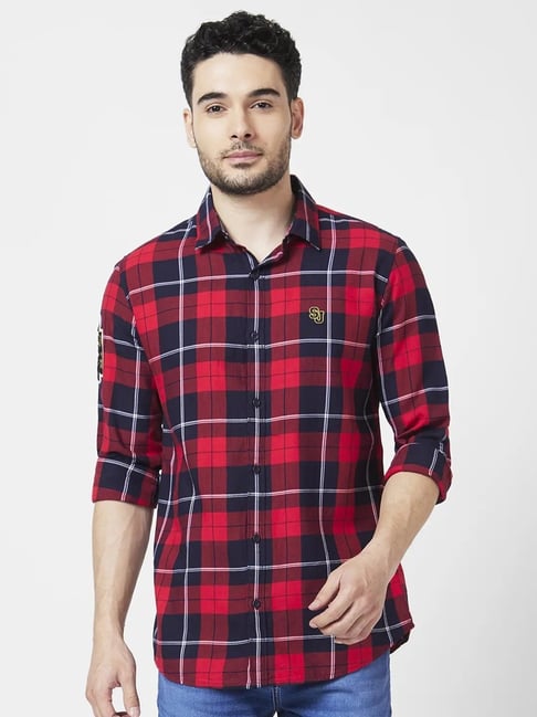 Spykar Red Cotton Regular Slim Fit Checks Shirt