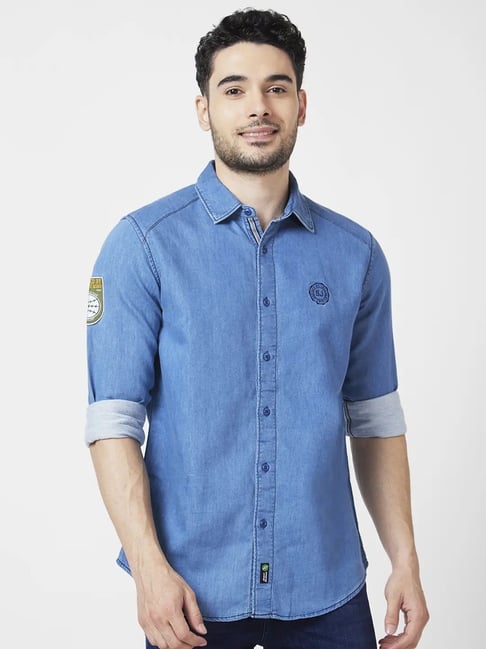 Men's Long Sleeve Solid Color Denim Shirt Buckle Regular Fit - Temu