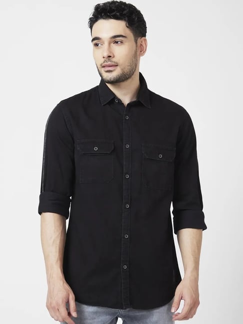Buy Spykar Black Cotton Regular Slim Fit Denim Shirt for Mens