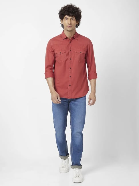 Spykar Brick Red Slim Fit Denim Shirt