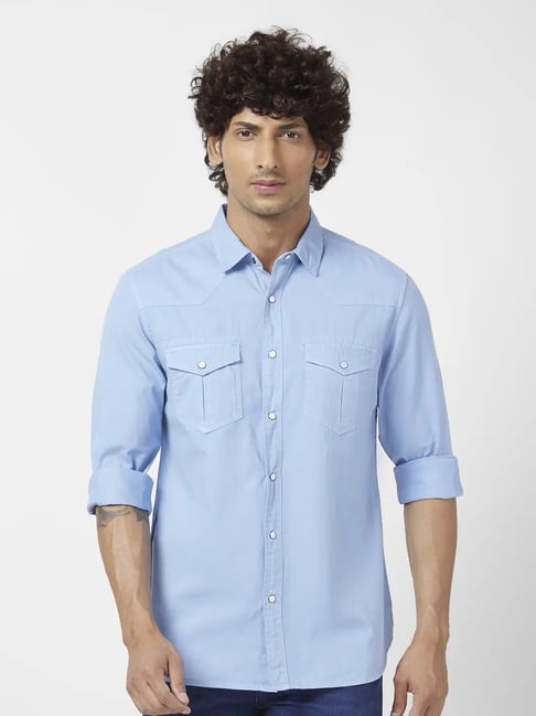 Spykar Powder Blue Slim Fit Denim Shirt