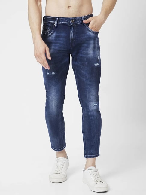 Spykar Mid Blue Cotton Slim Fit Distressed Jeans