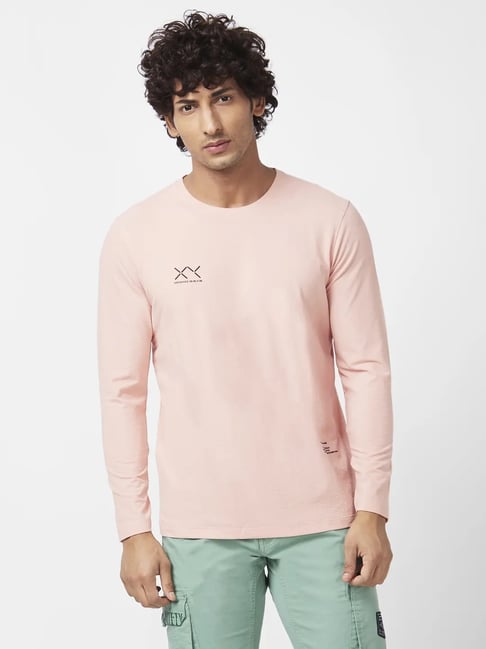 Spykar Peach Pink Slim Fit T-Shirt