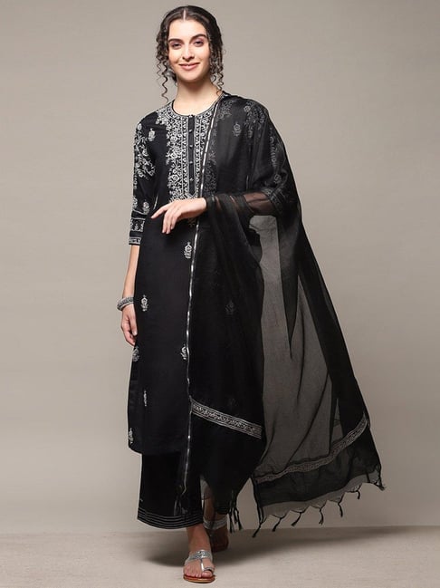 Buy Biba Black Cotton Embroidered Kurta Palazzo Set With Dupatta for Women Online Tata CLiQ