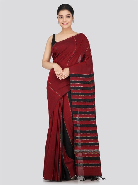 Lustrous black print and maroon Cotton combination saree with Exclusiv –  Sujatra