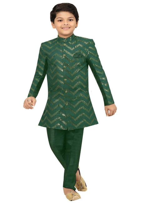 Ahhaaaa Kids Green Embellished Full Sleeves Sherwani Set