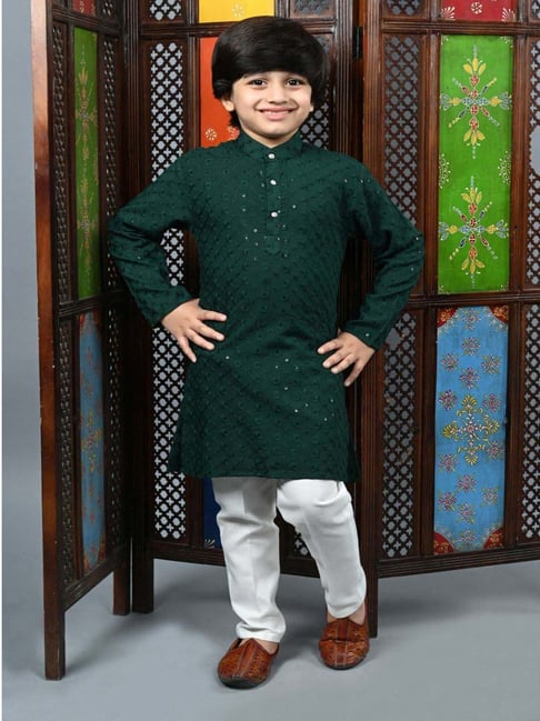 Ahhaaaa Kids Green Cotton Embellished Full Sleeves Kurta Set