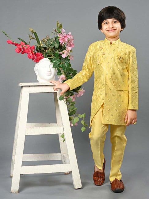 Ahhaaaa Kids Yellow Embellished Full Sleeves Sherwani Set-picture-30
