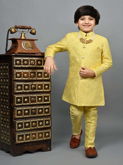 Ahhaaaa Kids Yellow Embellished Full Sleeves Sherwani Set-picture-17