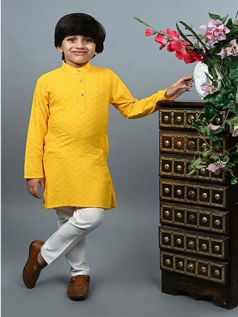Ahhaaaa Kids Yellow & White Cotton Embroidered Full Sleeves Kurta Set-picture-32