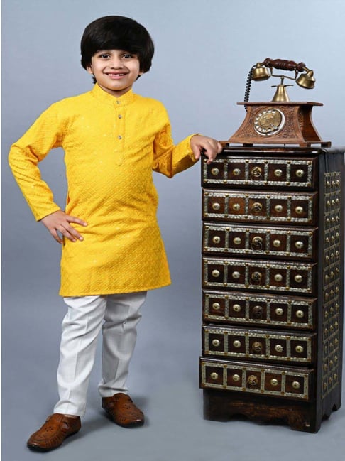 Ahhaaaa Kids Yellow & White Cotton Embroidered Full Sleeves Kurta Set-picture-33