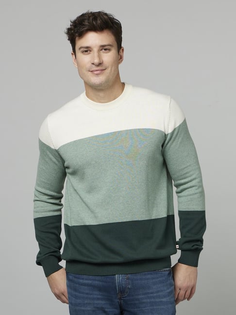 celio Green White Cotton Regular Fit Colour Block Sweater