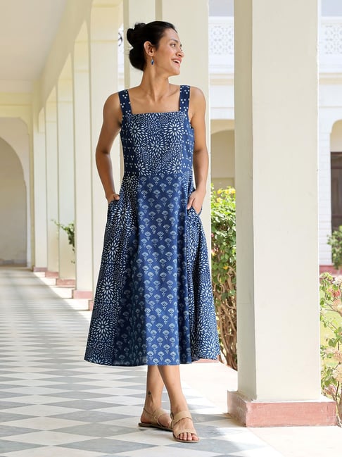 Midi Dress 100 Percent Cotton House Dresses Okhai Indigo Pure