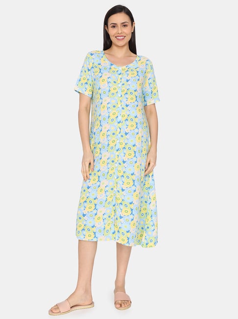 Coucou by Zivame Green & Blue Printed Maternity Night Dress