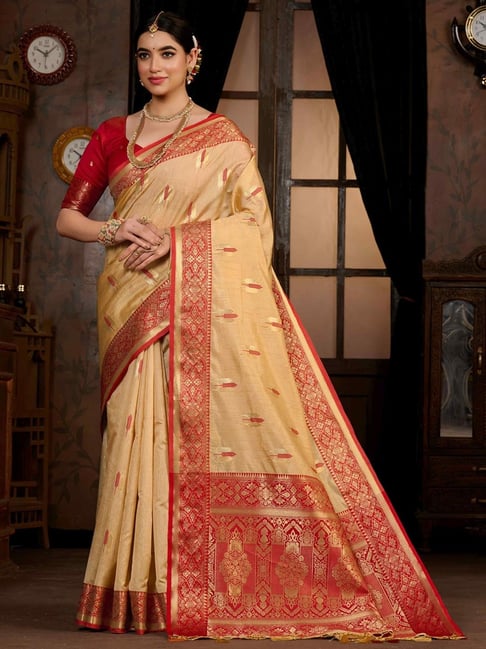 CM - Beige Colour Lichi Silk Saree - Silk Sarees - Sarees - Indian