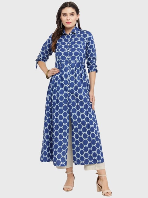 Indibelle Blue Cotton Printed A Line Kurta-picture-15