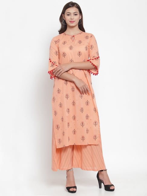 Indibelle Peach Cotton Printed Straight Kurta-picture-25