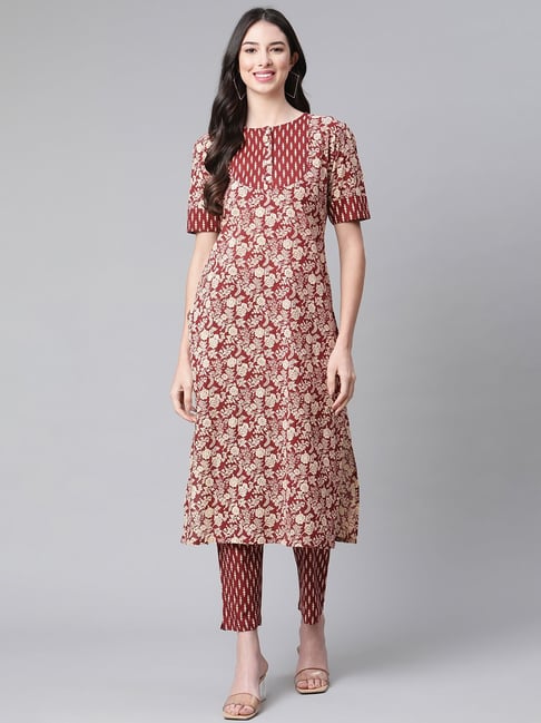 Indibelle Maroon Cotton Floral Print Straight Kurta-picture-32