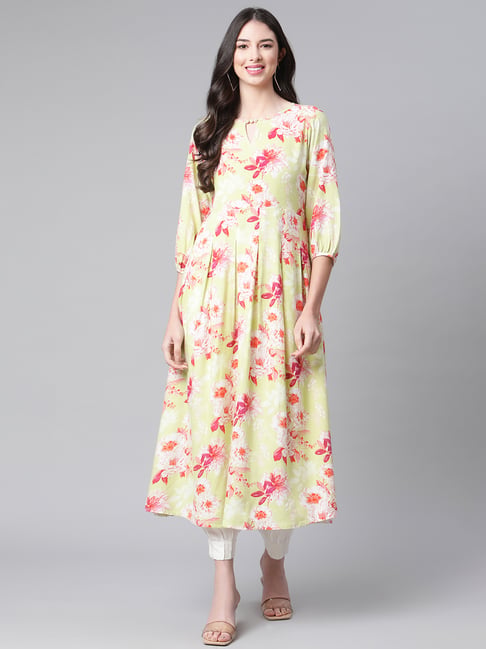 Indibelle Lime Green Floral Print A Line Kurta-picture-12
