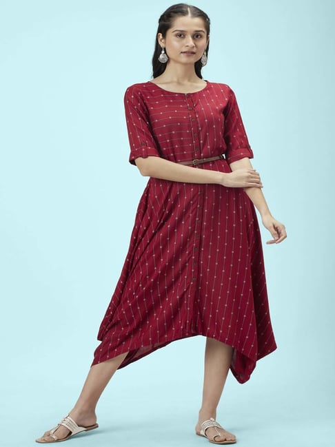 Akkriti by Pantaloons Red Self Pattern Assymetric Dress