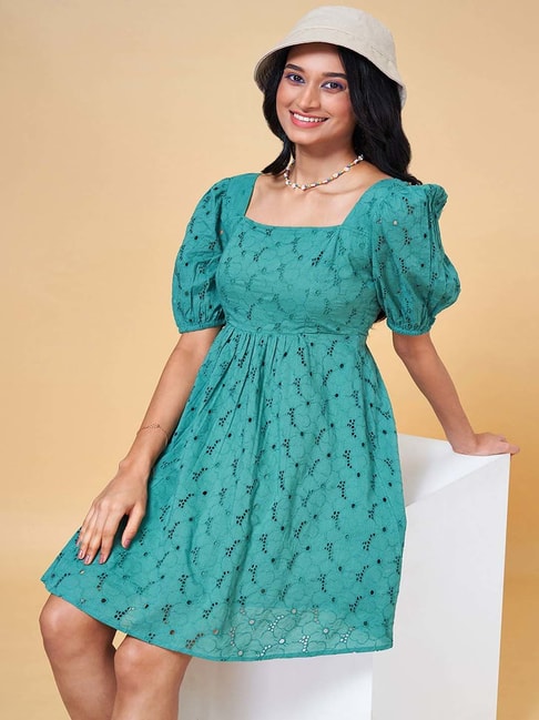 People by Pantaloons Teal Green Cotton Embroidered A-Line Dress
