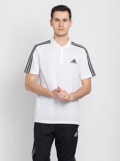Buy ADIDAS White Black Cotton Regular Fit Striped Sports Polos