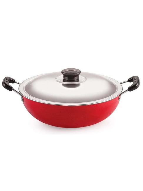 Nirlon Red Aluminium 24 cm Gas Non-Stick Deep Fry Kadhai With Lid (3 L)