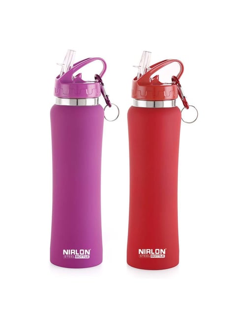 Nirlon Flip Bot Purple & Red Stainless Steel Water Bottle (0.75 L) - Set of 2