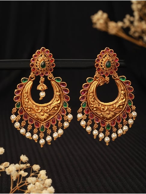 Antique Gold Plated Indian Chand Bali Jhumka Dangler White Bead Wedding  Earrings | eBay