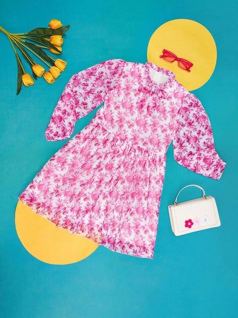 Pantaloons Junior Pink White Cotton Floral Print Full Sleeves Dress