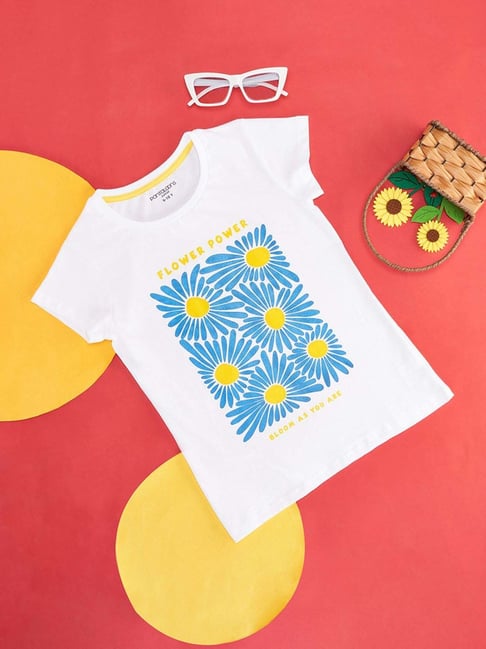 Pantaloons Junior White Blue Cotton Floral Print T-Shirt