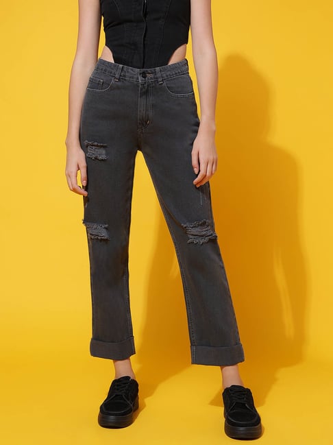 Ladies Jeans Express Distressed Jeans Mid Rise Medium Wash Ripped