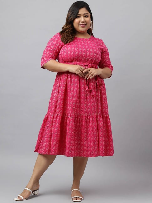 XL LOVE by Janasya Pink Cotton Fit Flare Dress